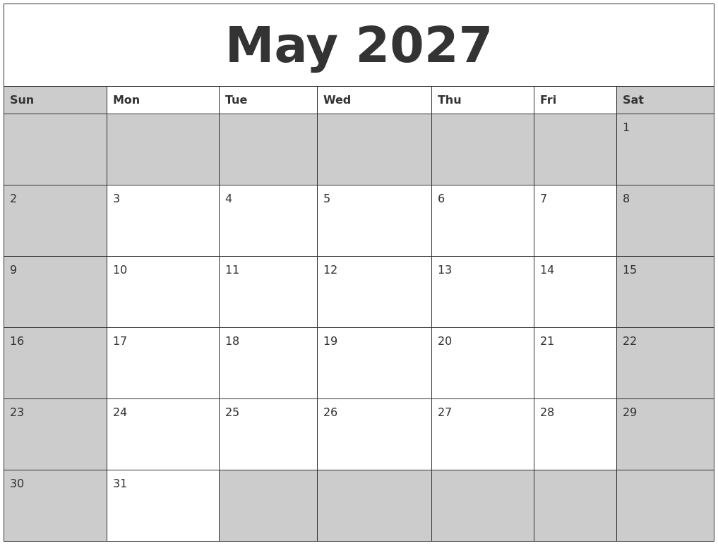 May 2027 Calanders