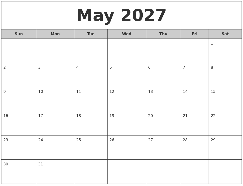 May 2027 Free Monthly Calendar