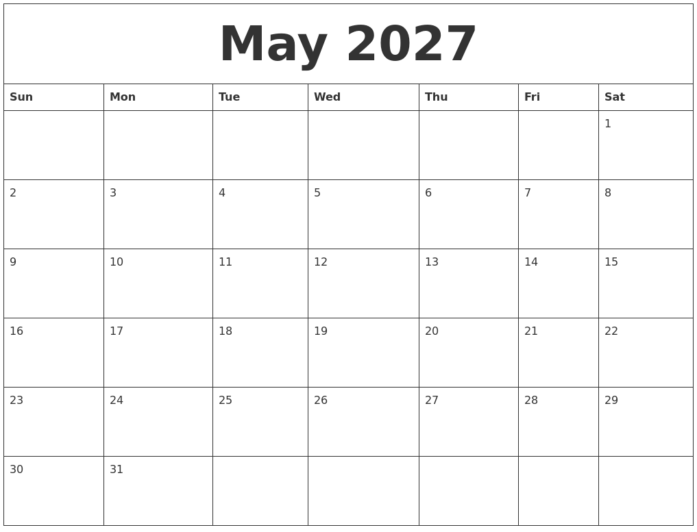 May 2027 Free Printable Monthly Calendar
