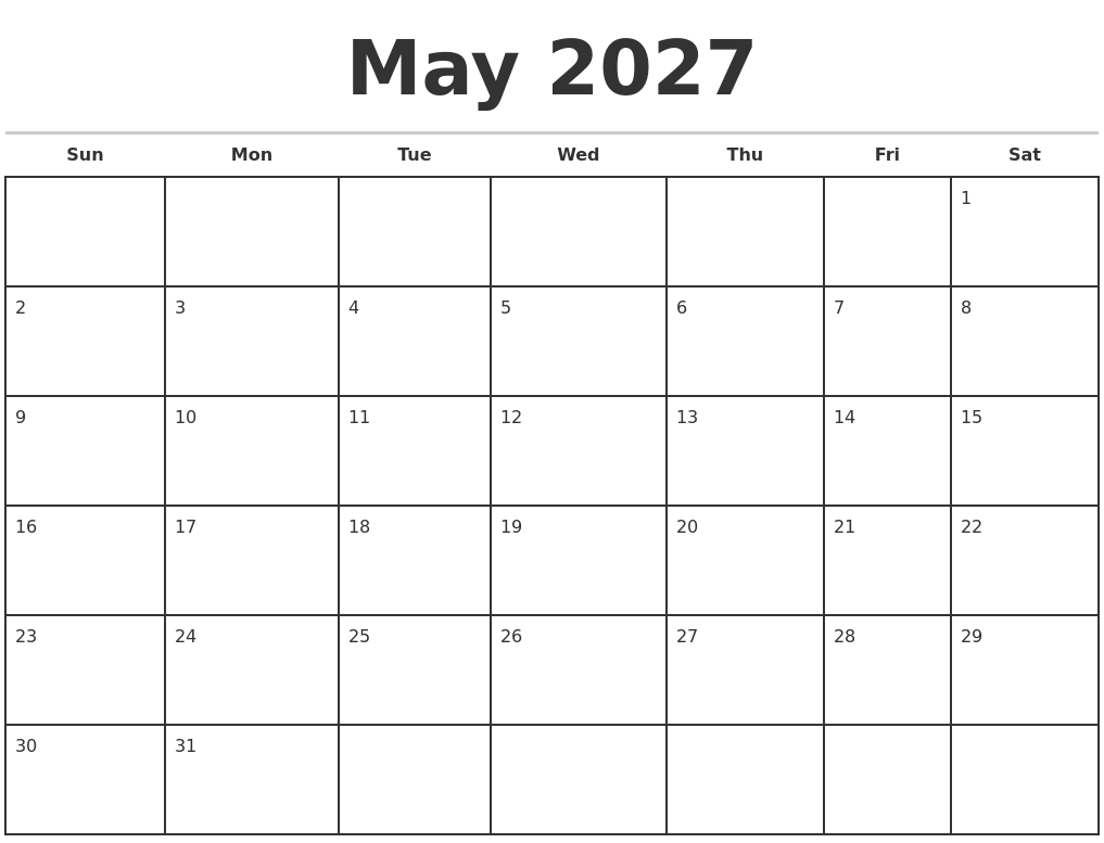May 2027 Monthly Calendar Template
