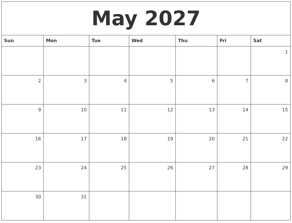 May 2027 Monthly Calendar