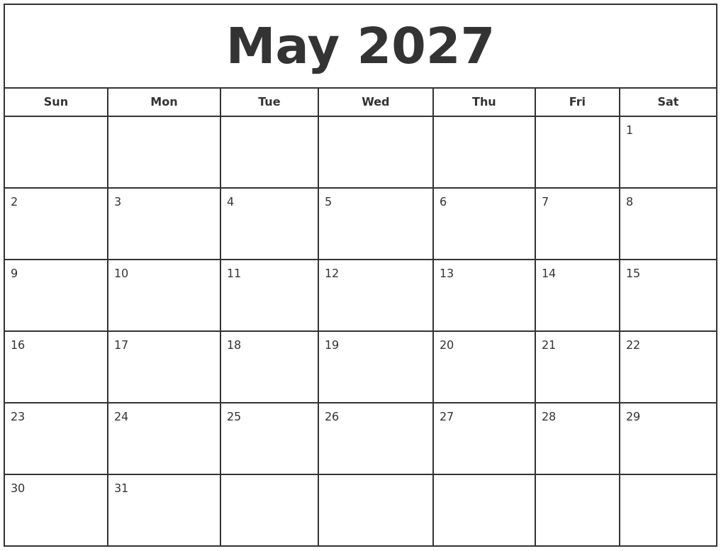 May 2027 Print Free Calendar