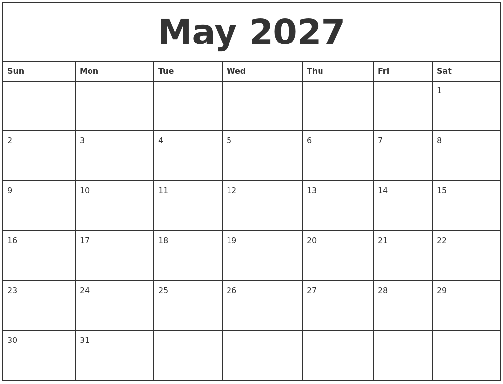 May 2027 Printable Monthly Calendar