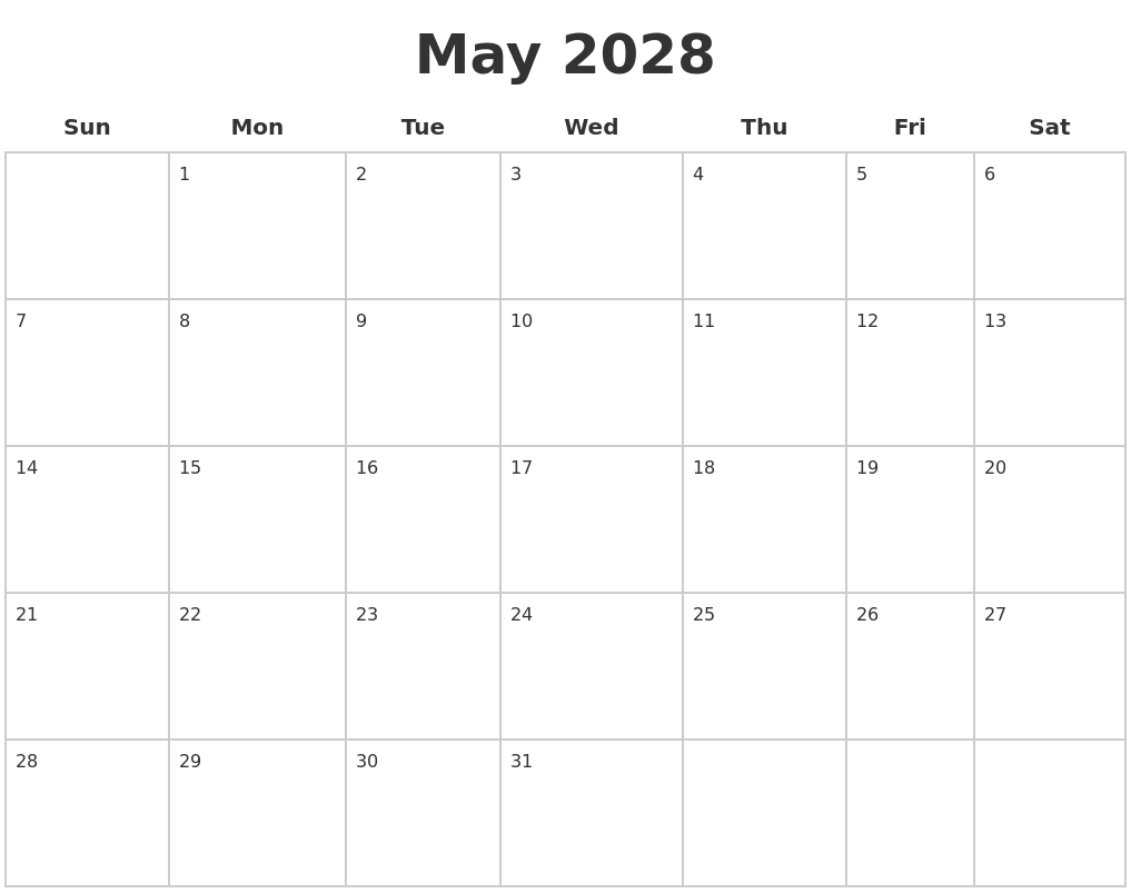 May 2028 Blank Calendar Pages
