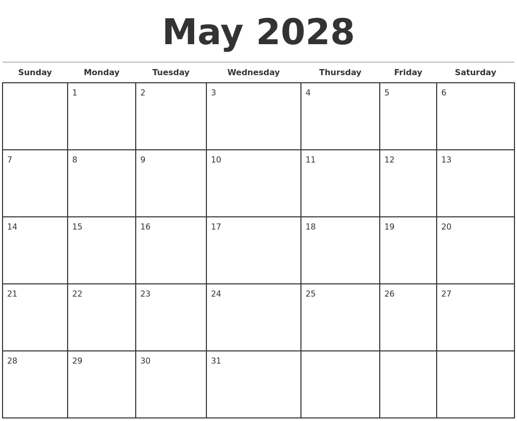 May 2028 Monthly Calendar Template