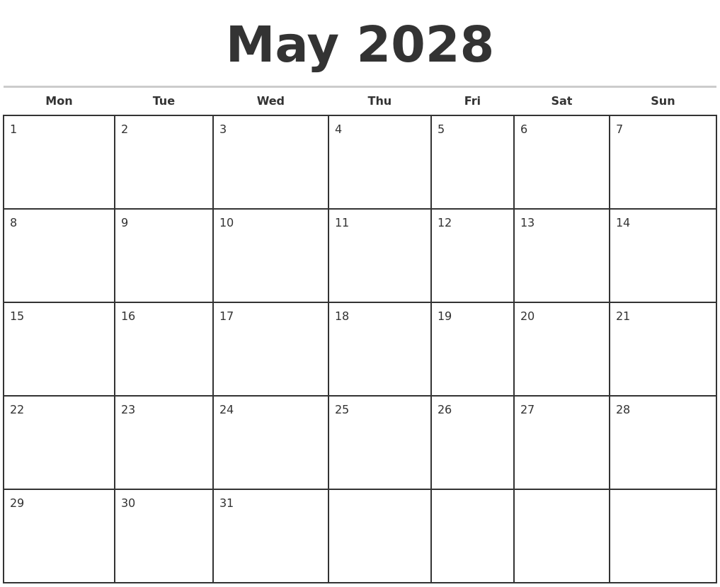may 2028 monthly calendar template monday start