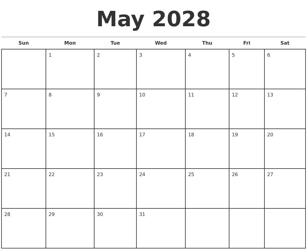 May 2028 Monthly Calendar Template