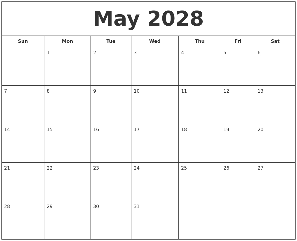 May 2028 Printable Calendar