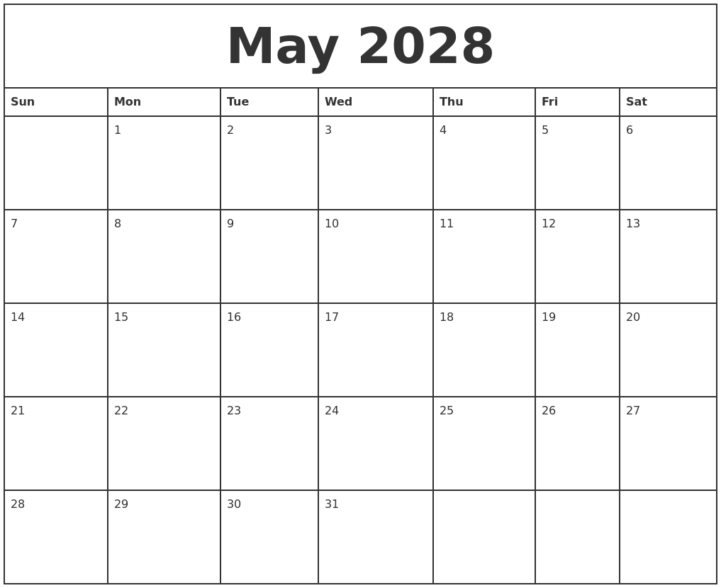 may 2028 printable monthly calendar