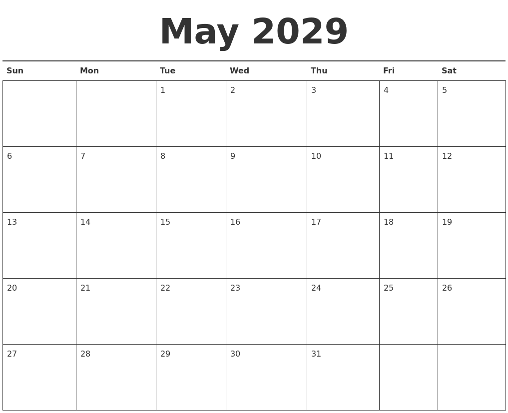 May 2029 Calendar Printable