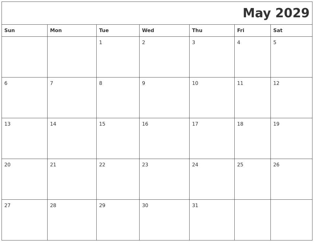 May 2029 Download Calendar