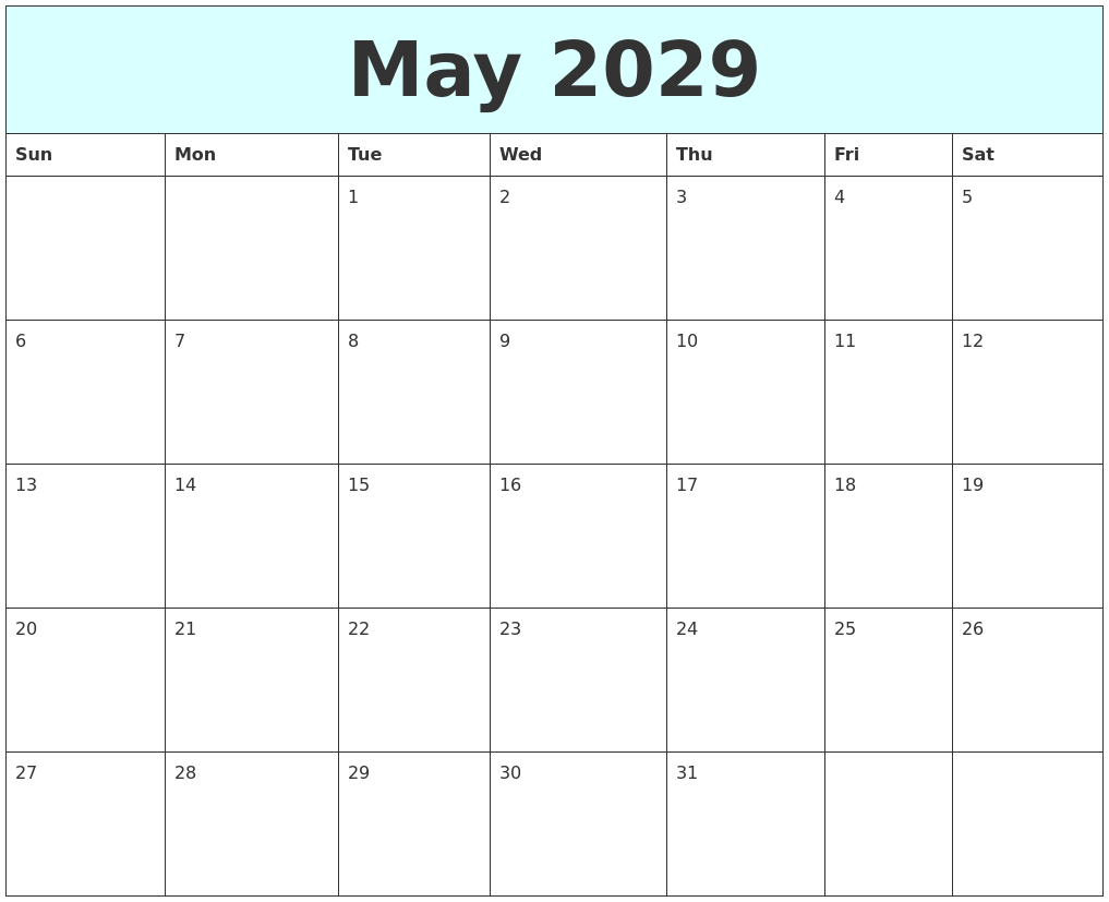 May 2029 Free Calendar