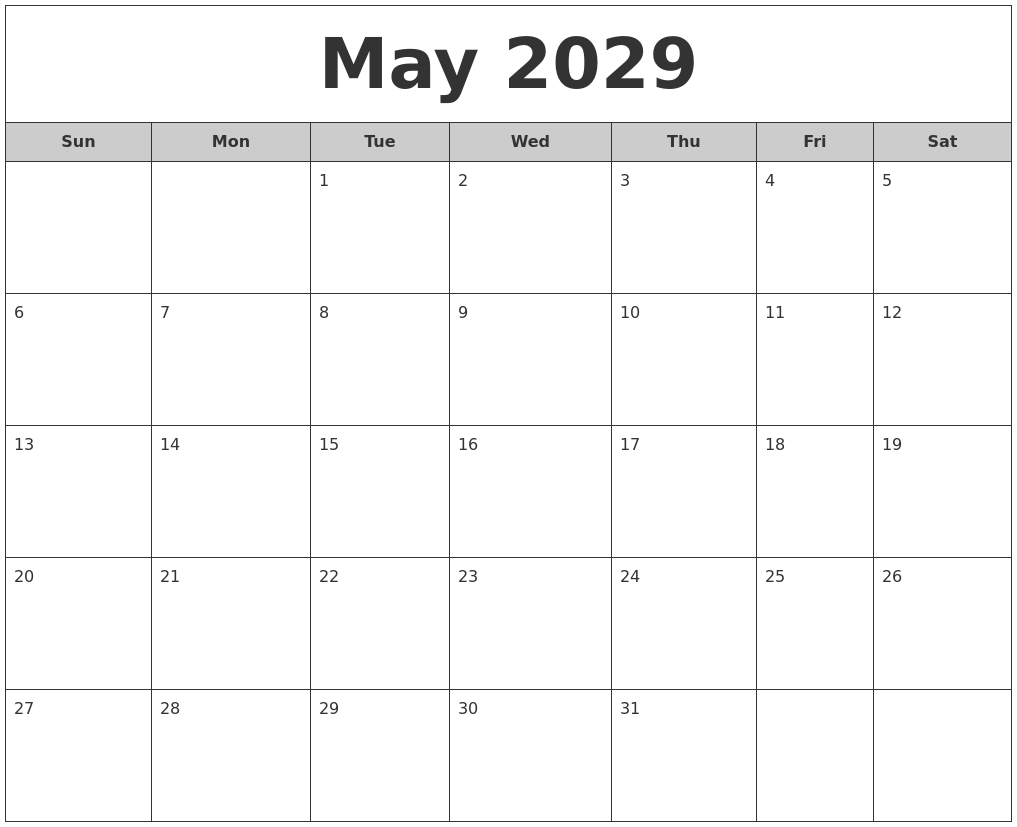 May 2029 Free Monthly Calendar