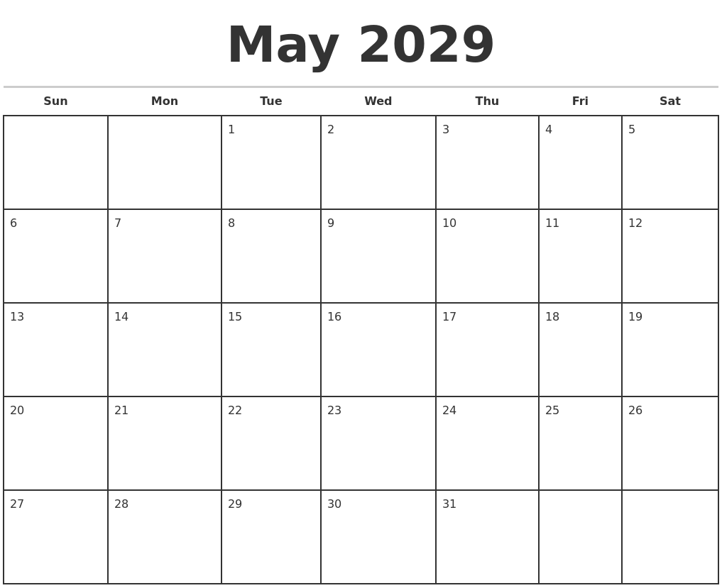 May 2029 Monthly Calendar Template