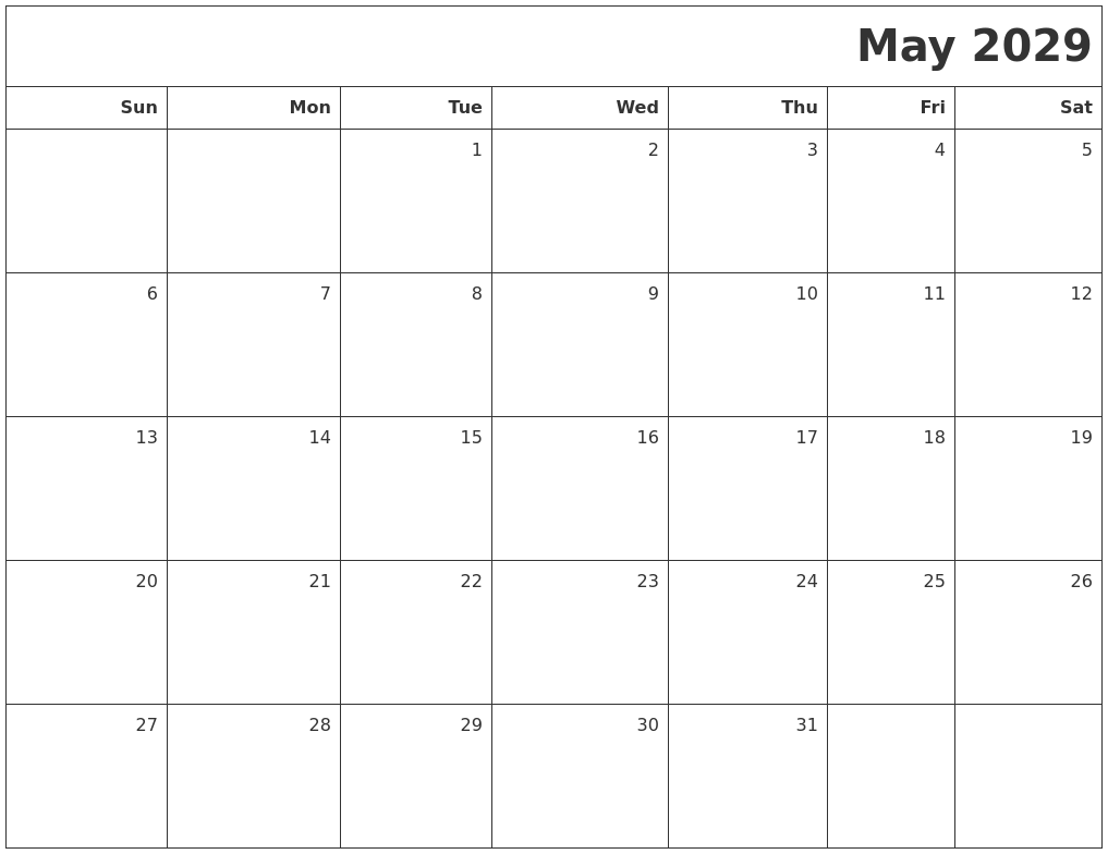May 2029 Printable Blank Calendar