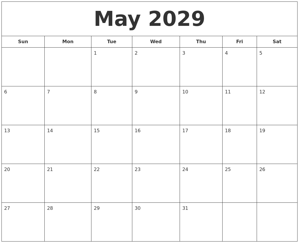 May 2029 Printable Calendar