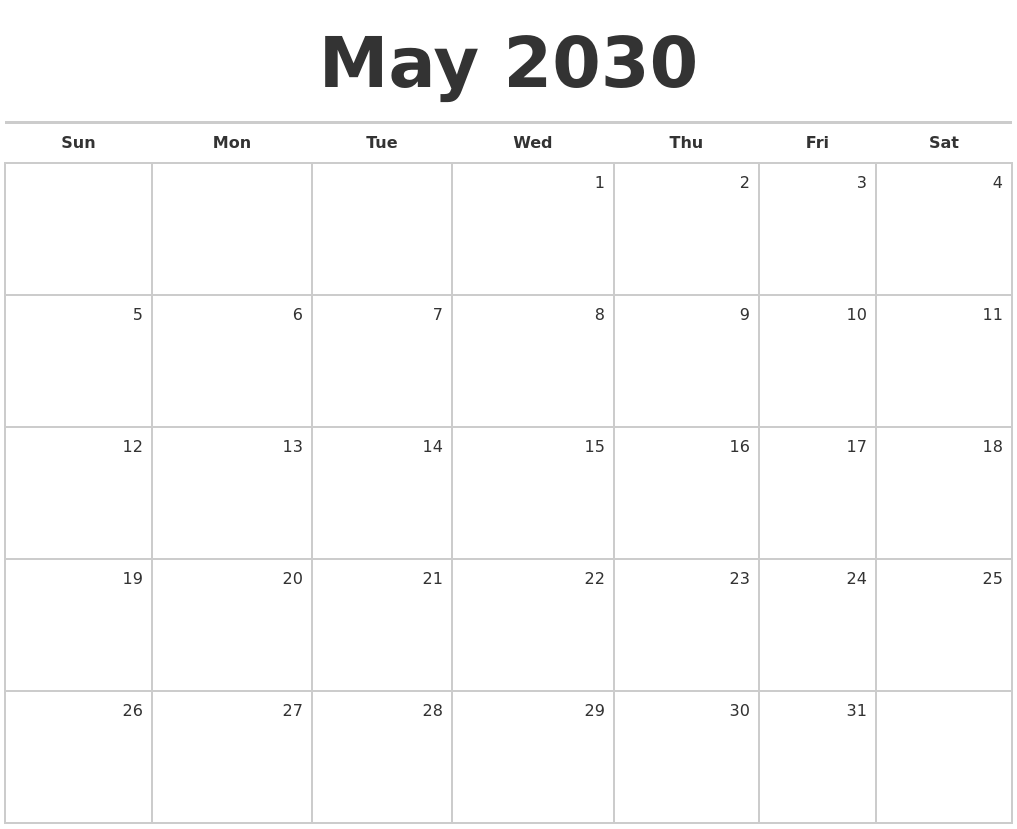 May 2030 Blank Monthly Calendar