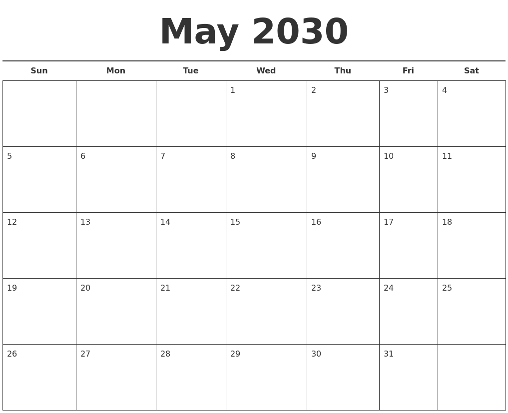 May 2030 Free Calendar Template