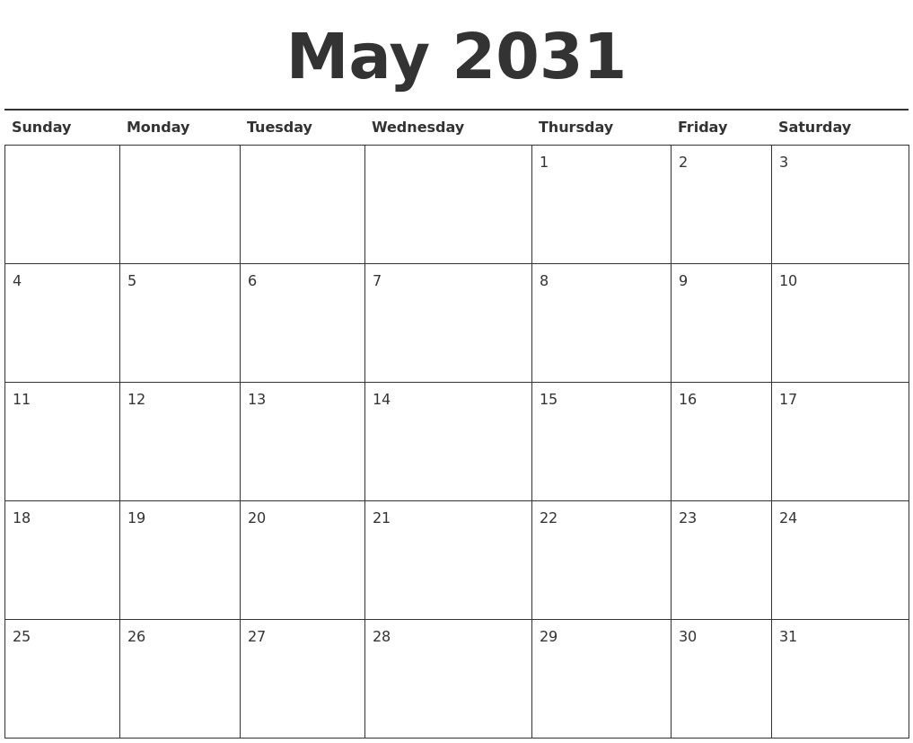 May 2031 Calendar Printable
