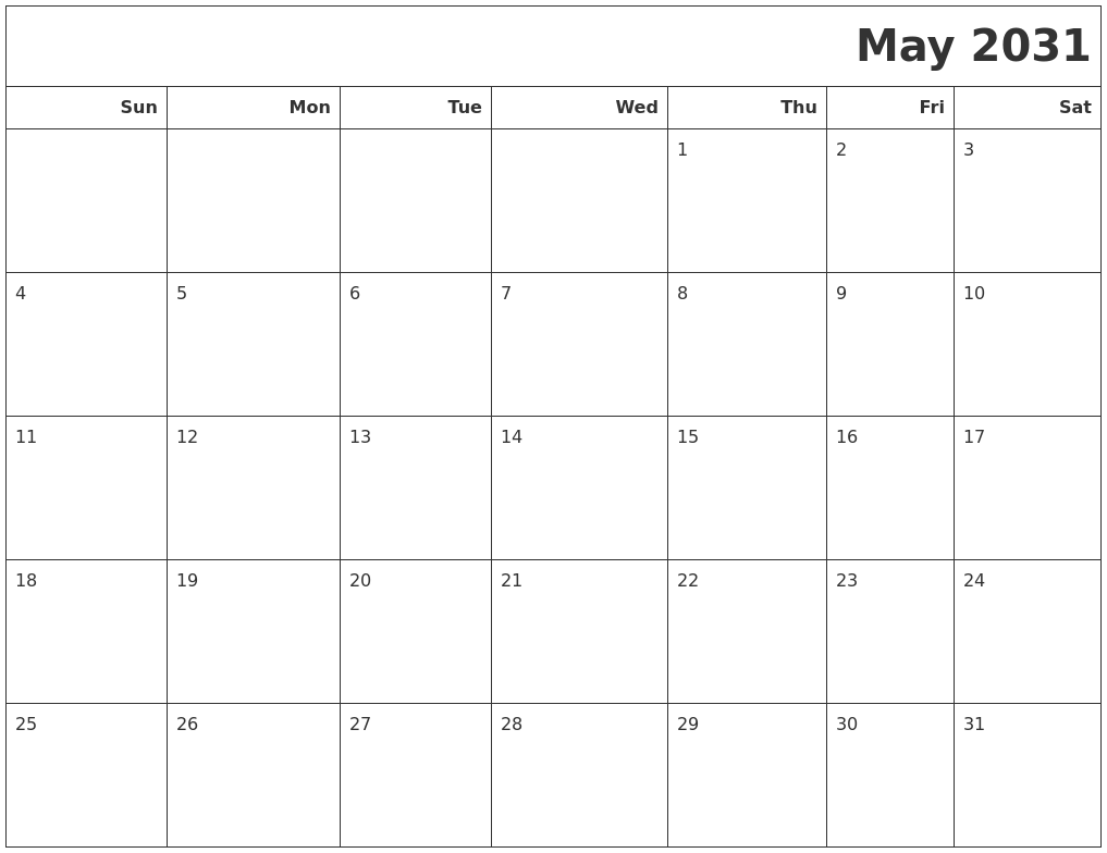 May 2031 Calendars To Print
