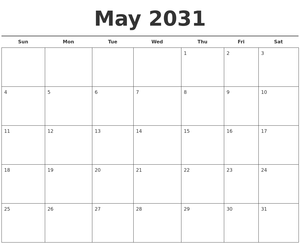 May 2031 Free Calendar Template