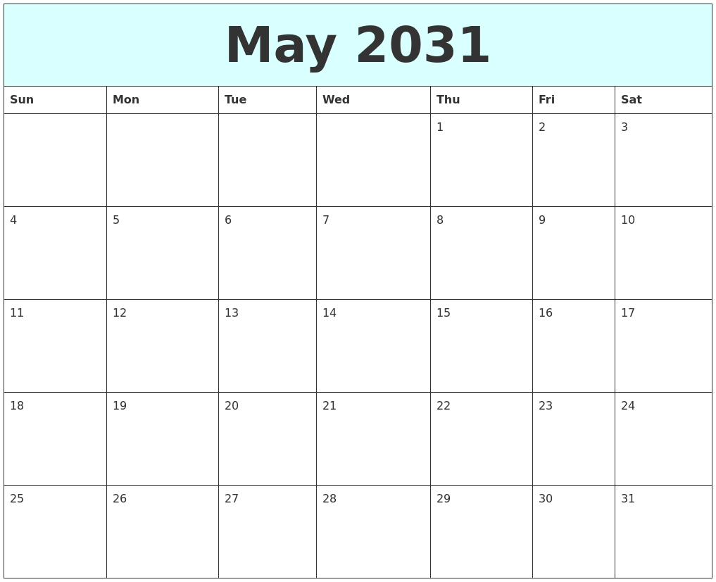 May 2031 Free Calendar