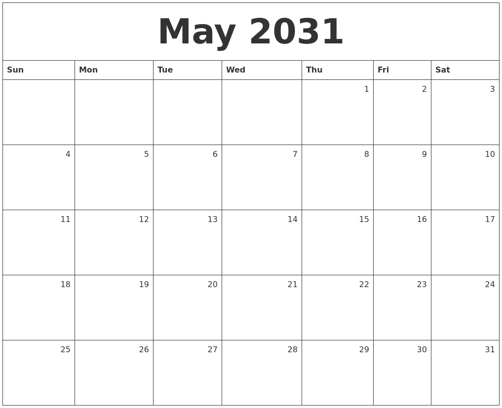 May 2031 Monthly Calendar