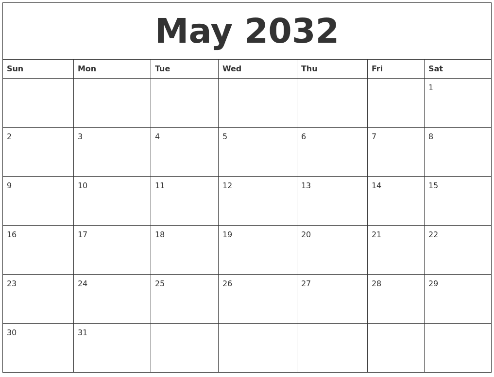May 2032 Free Weekly Calendar