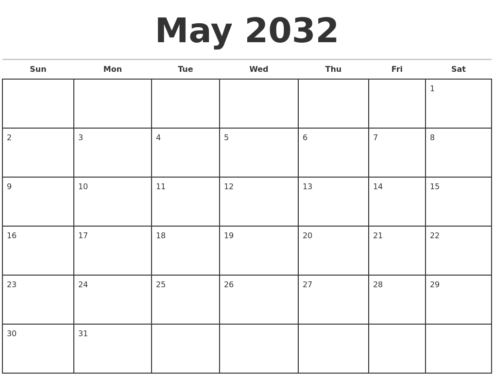 May 2032 Monthly Calendar Template