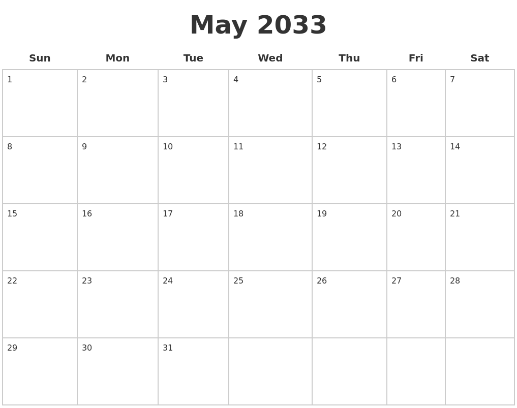 May 2033 Blank Calendar Pages
