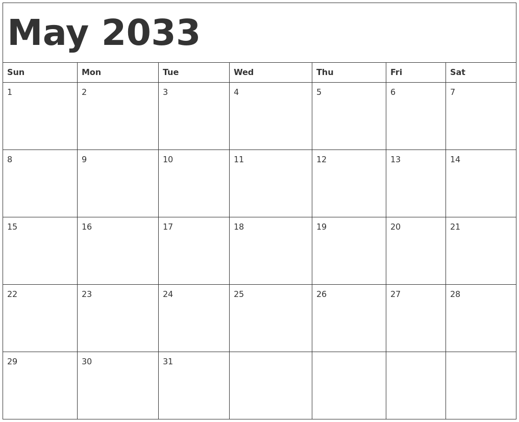 May 2033 Calendar Template