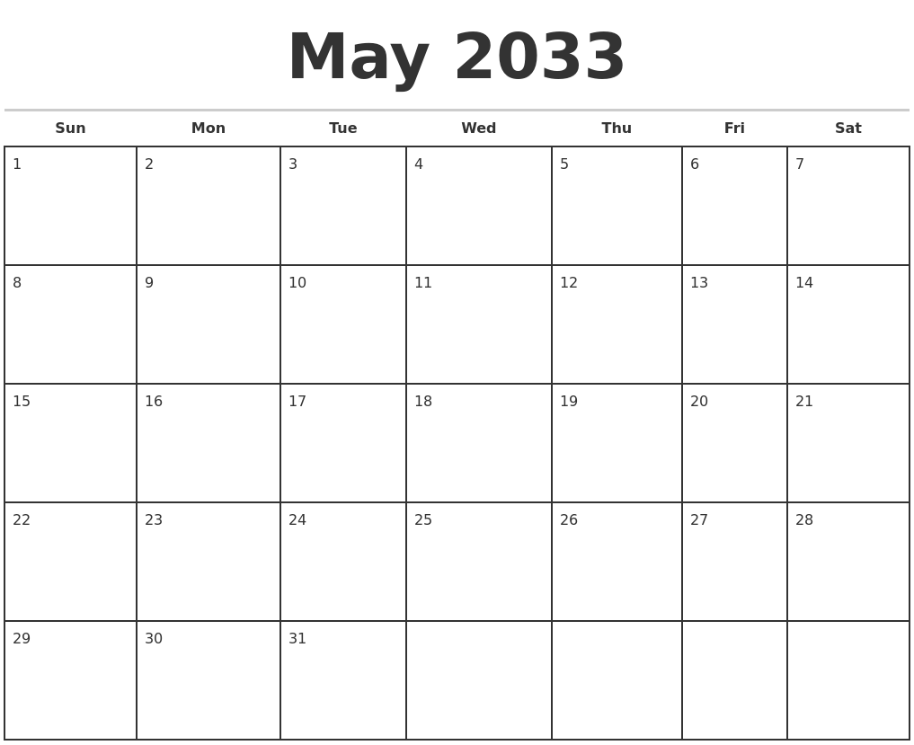May 2033 Monthly Calendar Template