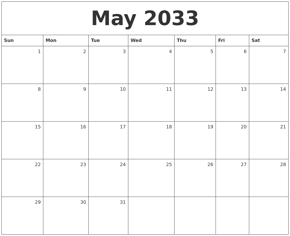 May 2033 Monthly Calendar
