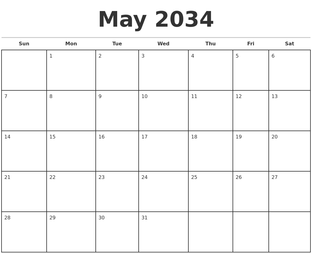 May 2034 Monthly Calendar Template
