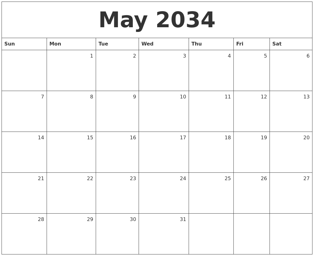 May 2034 Monthly Calendar