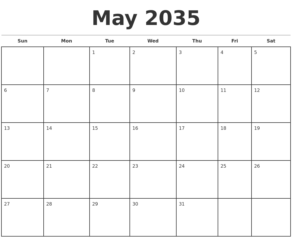May 2035 Monthly Calendar Template