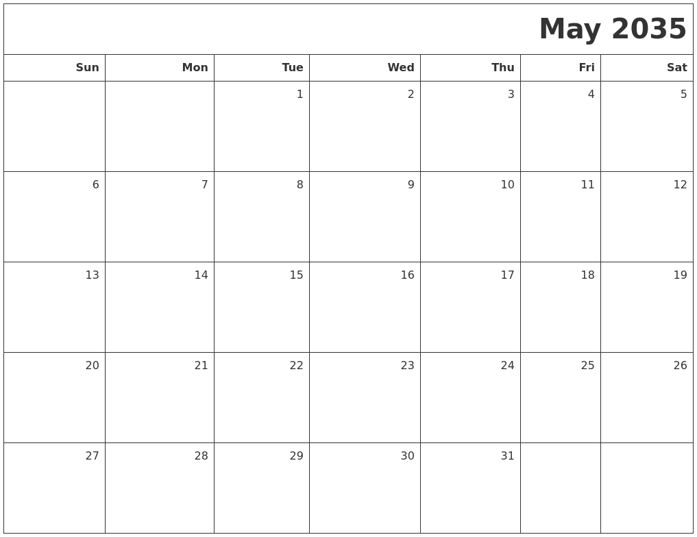 May 2035 Printable Blank Calendar