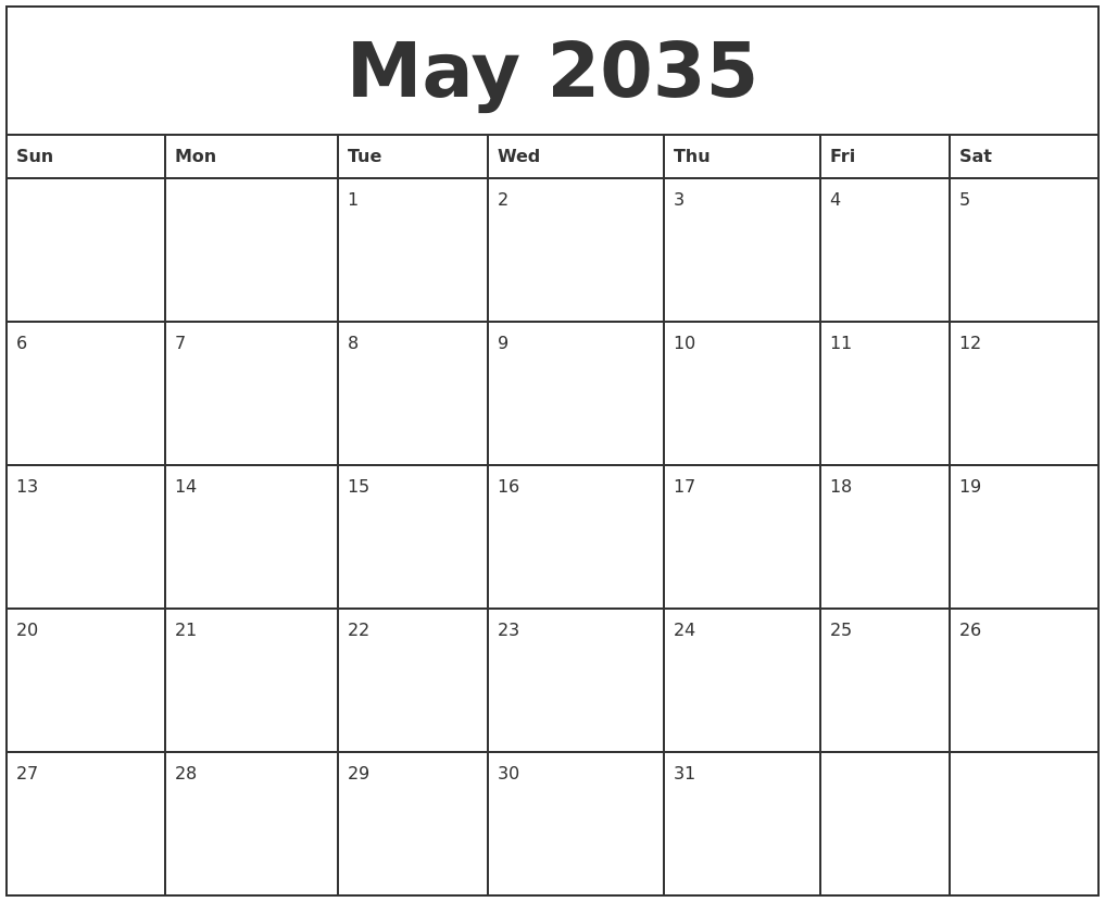 May 2035 Printable Monthly Calendar