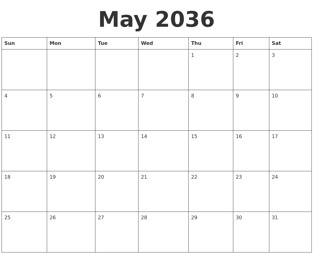 May 2036 Blank Calendar Template