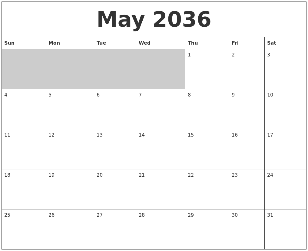 May 2036 Blank Printable Calendar