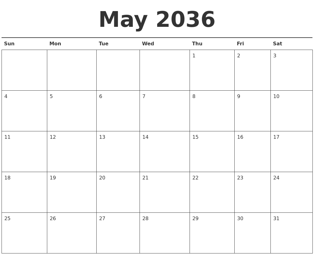May 2036 Calendar Printable
