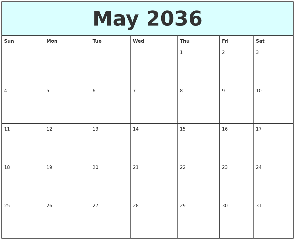 May 2036 Free Calendar