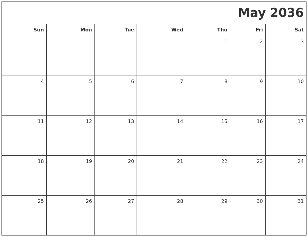May 2036 Printable Blank Calendar