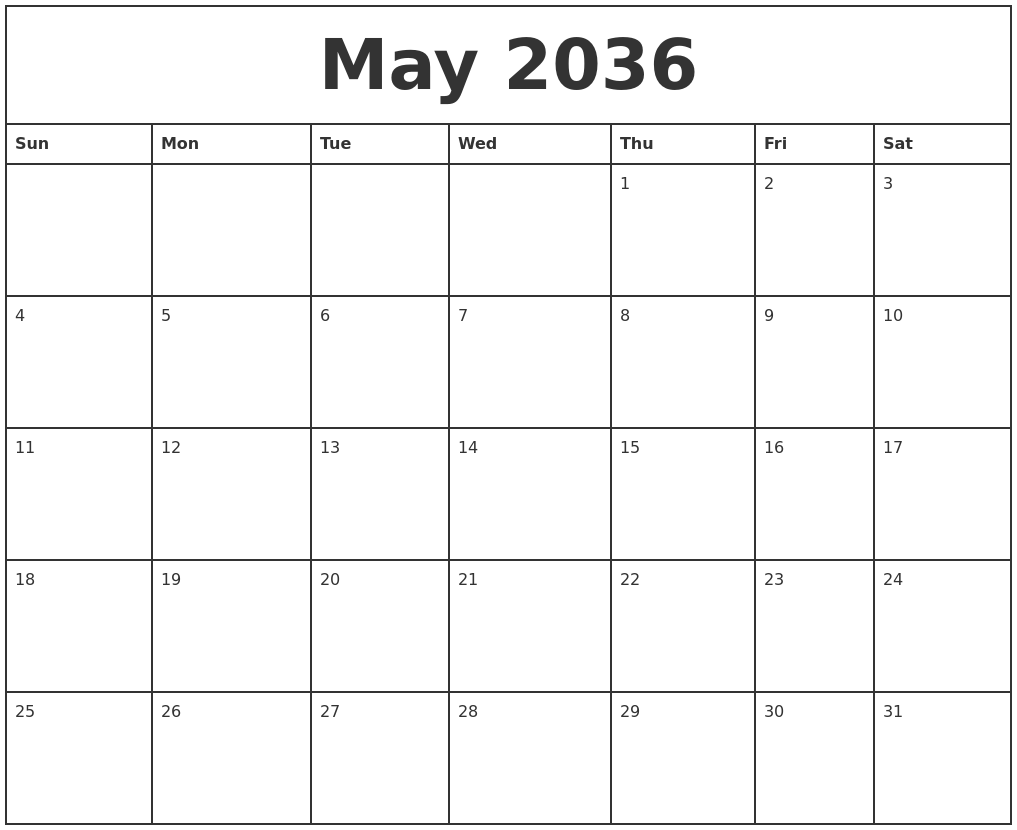 May 2036 Printable Monthly Calendar