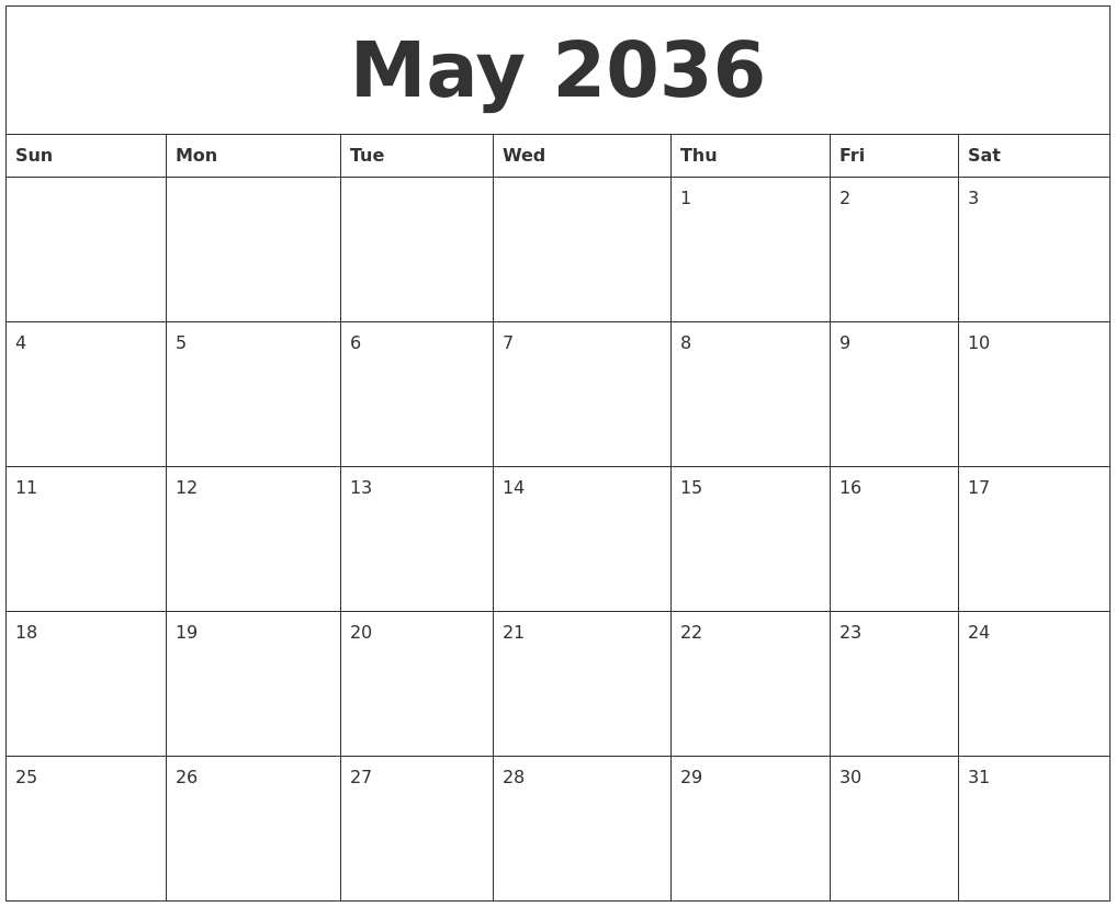 May 2036 Printable November Calendar