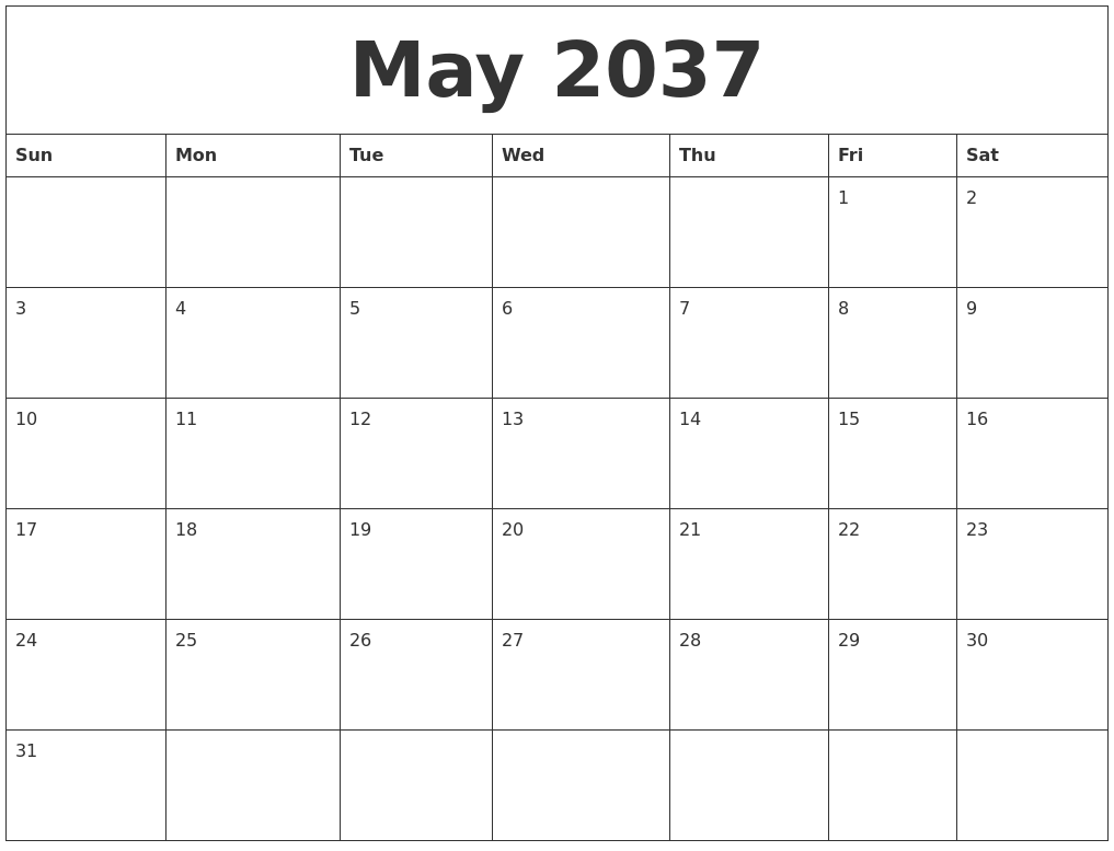 May 2037 Cute Printable Calendar
