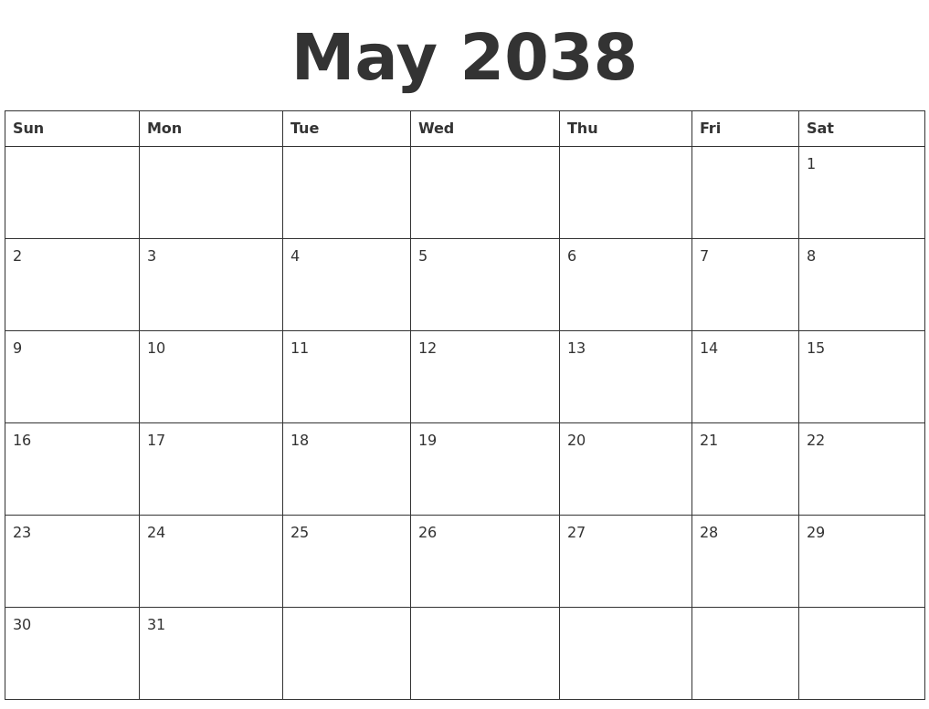 May 2038 Blank Calendar Template