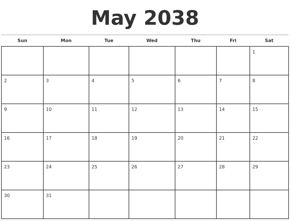May 2038 Monthly Calendar Template