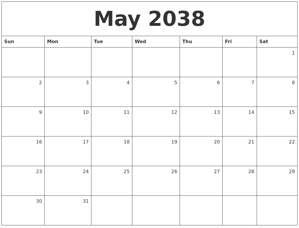 May 2038 Monthly Calendar