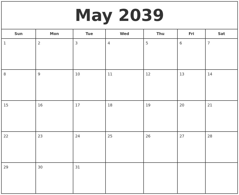 May 2039 Print Free Calendar